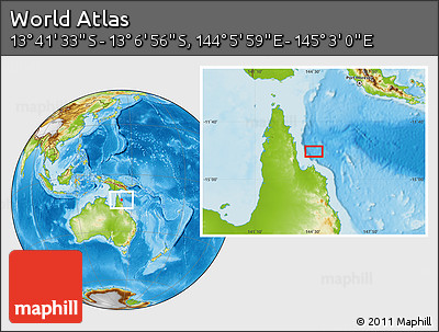 Physical Location Map of the Area around 13° 24' 15" S, 144° 34' 29" E