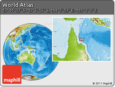 Physical Location Map of the Area around 13° 24' 15" S, 144° 34' 29" E