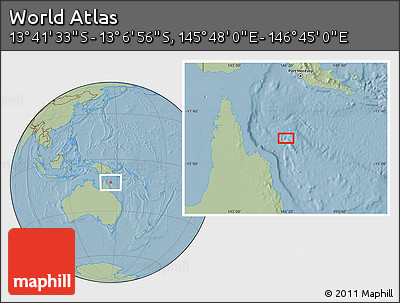 Savanna Style Location Map of the Area around 13° 24' 15" S, 146° 16' 30" E, hill shading