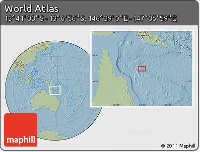 Savanna Style Location Map of the Area around 13° 24' 15" S, 147° 7' 30" E, hill shading