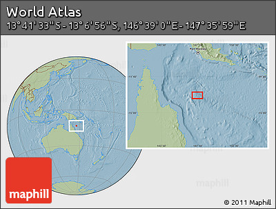 Savanna Style Location Map of the Area around 13° 24' 15" S, 147° 7' 30" E, hill shading