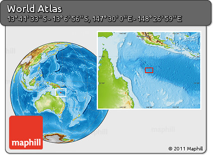 Physical Location Map of the Area around 13° 24' 15" S, 147° 58' 29" E