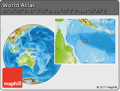 Physical Location Map of the Area around 13° 24' 15" S, 147° 58' 29" E