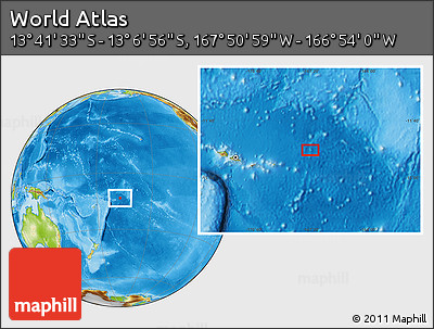 Physical Location Map of the Area around 13° 24' 15" S, 167° 22' 30" W