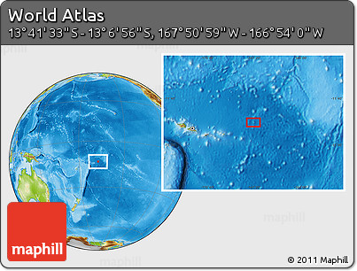 Physical Location Map of the Area around 13° 24' 15" S, 167° 22' 30" W