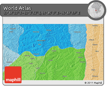 Political 3D Map of the Area around 13° 24' 15" S, 16° 13' 30" E