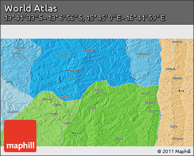 Political 3D Map of the Area around 13° 24' 15" S, 16° 13' 30" E