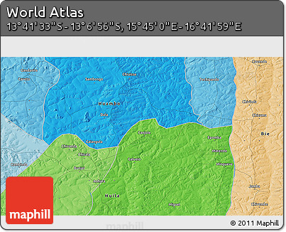 Political 3D Map of the Area around 13° 24' 15" S, 16° 13' 30" E