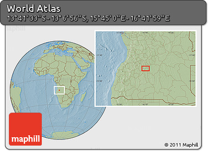Savanna Style Location Map of the Area around 13° 24' 15" S, 16° 13' 30" E, hill shading