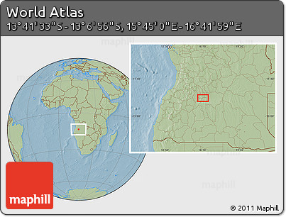 Savanna Style Location Map of the Area around 13° 24' 15" S, 16° 13' 30" E, hill shading