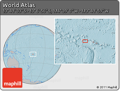 Gray Location Map of the Area around 13° 24' 15" S, 174° 10' 30" W, hill shading