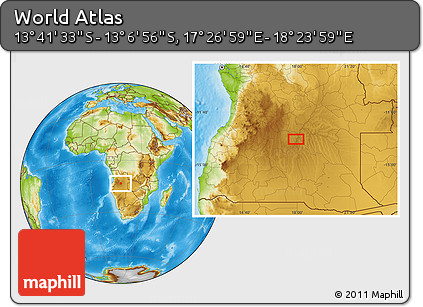 Physical Location Map of the Area around 13° 24' 15" S, 17° 55' 29" E
