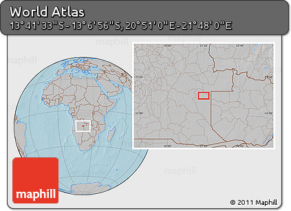 Gray Location Map of the Area around 13° 24' 15" S, 21° 19' 30" E, hill shading