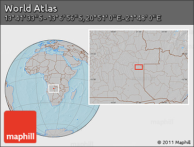 Gray Location Map of the Area around 13° 24' 15" S, 21° 19' 30" E, hill shading