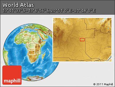 Physical Location Map of the Area around 13° 24' 15" S, 21° 19' 30" E