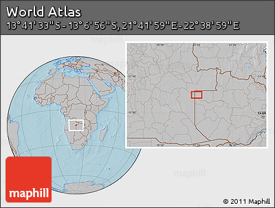 Gray Location Map of the Area around 13° 24' 15" S, 22° 10' 29" E, hill shading
