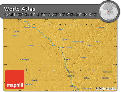 Physical Map of the Area around 13° 24' 15" S, 23° 1' 29" E