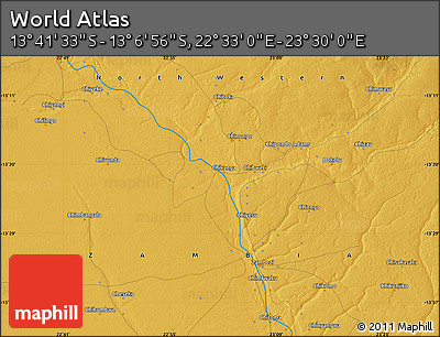 Physical Map of the Area around 13° 24' 15" S, 23° 1' 29" E