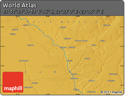 Physical Map of the Area around 13° 24' 15" S, 23° 1' 29" E