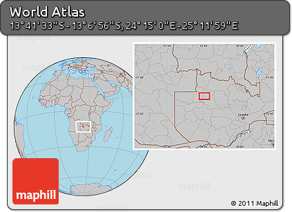 Gray Location Map of the Area around 13° 24' 15" S, 24° 43' 30" E