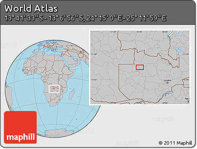 Gray Location Map of the Area around 13° 24' 15" S, 24° 43' 30" E