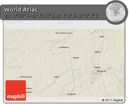 Shaded Relief 3D Map of the Area around 13° 24' 15" S, 25° 34' 30" E