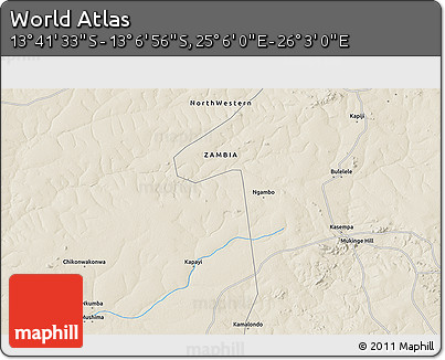 Shaded Relief 3D Map of the Area around 13° 24' 15" S, 25° 34' 30" E
