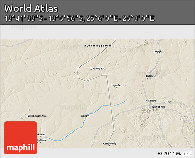 Shaded Relief 3D Map of the Area around 13° 24' 15" S, 25° 34' 30" E