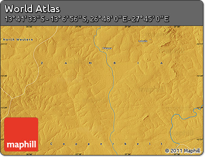 Physical Map of the Area around 13° 24' 15" S, 27° 16' 29" E