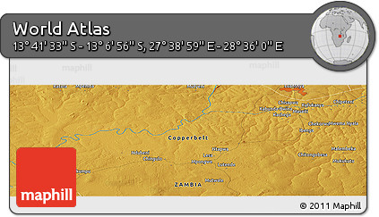 Physical Panoramic Map of the Area around 13° 24' 15" S, 28° 7' 30" E