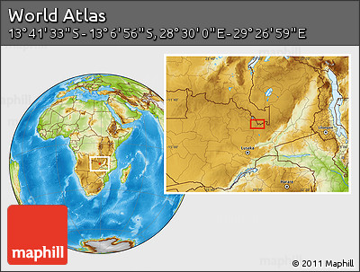 Physical Location Map of the Area around 13° 24' 15" S, 28° 58' 30" E