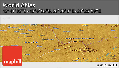 Physical Panoramic Map of the Area around 13° 24' 15" S, 28° 58' 30" E