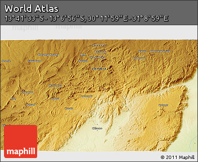 Physical 3D Map of the Area around 13° 24' 15" S, 30° 40' 29" E