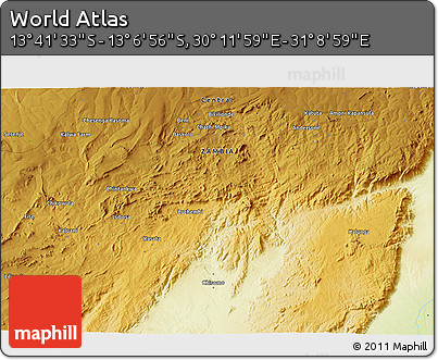 Physical 3D Map of the Area around 13° 24' 15" S, 30° 40' 29" E