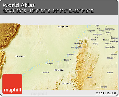 Physical 3D Map of the Area around 13° 24' 15" S, 31° 31' 29" E
