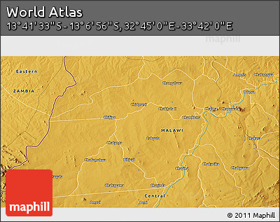 Physical 3D Map of the Area around 13° 24' 15" S, 33° 13' 30" E