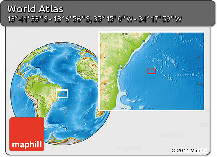 Physical Location Map of the Area around 13° 24' 15" S, 34° 46' 29" W