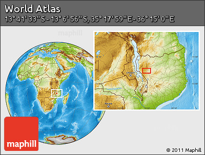 Physical Location Map of the Area around 13° 24' 15" S, 35° 46' 29" E