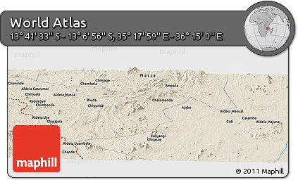 Shaded Relief Panoramic Map of the Area around 13° 24' 15" S, 35° 46' 29" E
