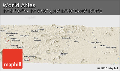 Shaded Relief Panoramic Map of the Area around 13° 24' 15" S, 35° 46' 29" E