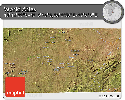 Satellite 3D Map of the Area around 13° 24' 15" S, 36° 37' 30" E