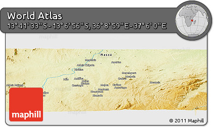 Physical Panoramic Map of the Area around 13° 24' 15" S, 36° 37' 30" E