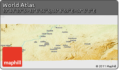 Physical Panoramic Map of the Area around 13° 24' 15" S, 36° 37' 30" E