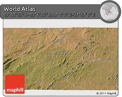 Satellite 3D Map of the Area around 13° 24' 15" S, 37° 28' 30" E