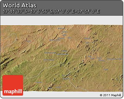 Satellite 3D Map of the Area around 13° 24' 15" S, 37° 28' 30" E