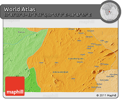 Political 3D Map of the Area around 13° 24' 15" S, 38° 19' 30" E