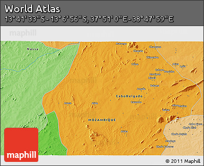 Political 3D Map of the Area around 13° 24' 15" S, 38° 19' 30" E