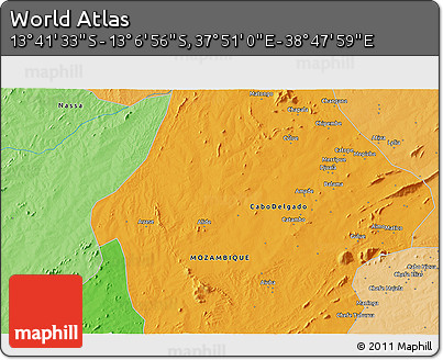 Political 3D Map of the Area around 13° 24' 15" S, 38° 19' 30" E