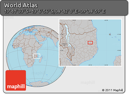 Gray Location Map of the Area around 13° 24' 15" S, 39° 10' 29" E