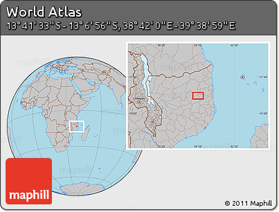 Gray Location Map of the Area around 13° 24' 15" S, 39° 10' 29" E